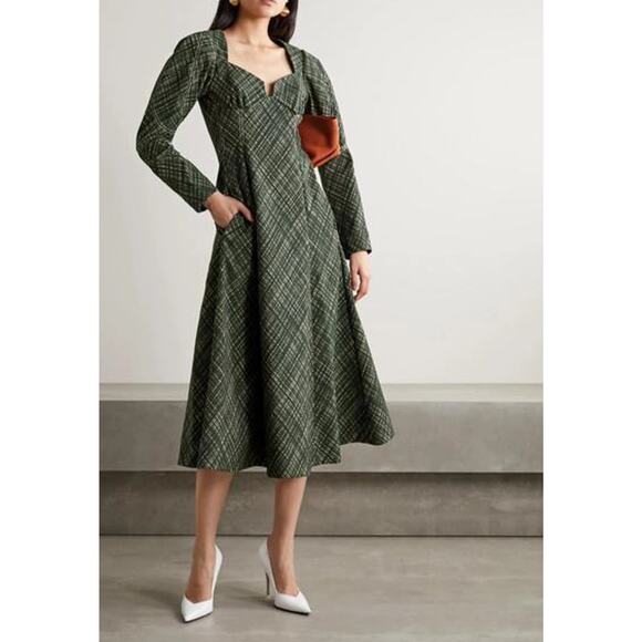 Rosie Assoulin Checked Cotton Midi Dress Dark Green Plaid A-Line Fit Flare 8 - Picture 3 of 14